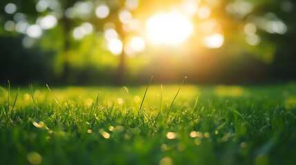 Poster - Green grass blurred background with sun rays on a meadow in the park