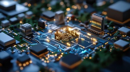Poster - Futuristic Cityscape on Microchip with Glowing Circuitry and Buildings Representing Smart Technology and Urban Development in Digital Era