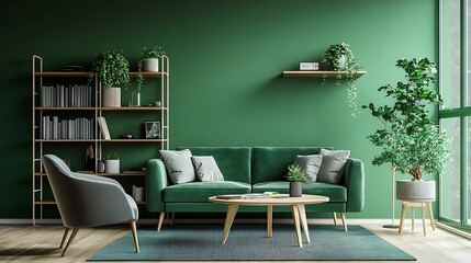 Poster - Green sofa and chair against green wall with book shelf, scandinavian home interior design of modern living room with greenery