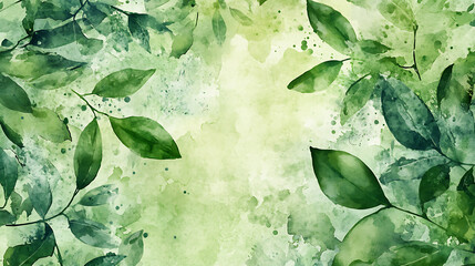 Aufkleber - Green watercolor foliage abstract background with hand-painted leaves and splashes