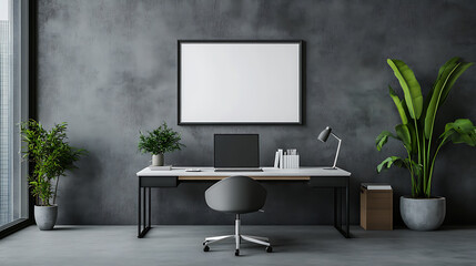 Poster - Grey office room interior with desk and computer, mockup frame
