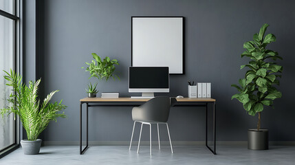 Poster - Grey office room interior with desk and computer, mockup frame