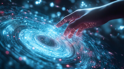 Poster - Hand touching spinning vortex of light and data particles, data flow visualization backgrounds