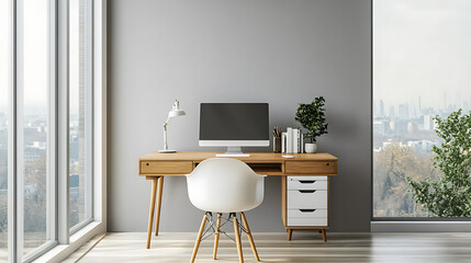 Poster - Home workplace with wooden drawer wring desk and white chair against window near grey wall, interior design of modern scandinavian home office