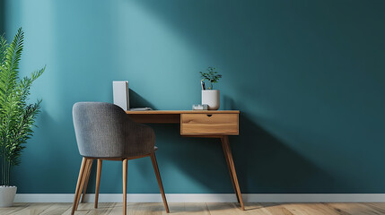 Poster - Cozy home workplace with wooden drawer writing desk and fabric chair, interior design of modern scandinavian home office