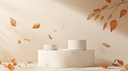 Aufkleber - 3d render of beige minimal product display podium with autumn leaves, minimalist pedestal stand for cosmetic products