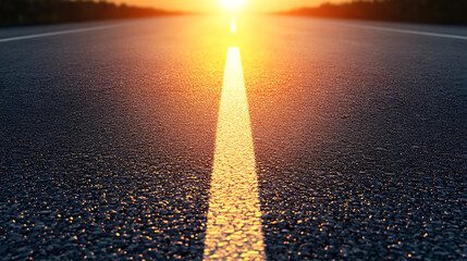 Poster - 3d rendering of empty road towards rising sun, light reflection on asphalt surface, for automobile a