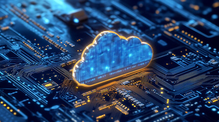 Poster - Cloud computing concept with circuit board and cpu on blue background