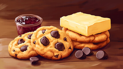 Poster - Illustration of realistic sweet jelly, butter and chocolate chip cookies
