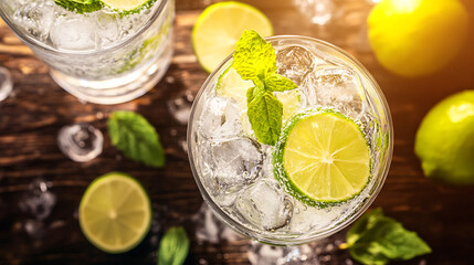 Poster - Overhead shot of a refreshing gin and tonic drink with sunlight and shadows