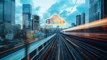 Leinwandbilder - Cloud computing with a speeding train on a city background