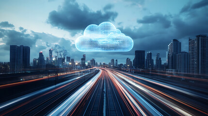 Poster - Cloud computing with a speeding train on a city background