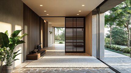 Poster - Coastal interior design of modern entrance hall with blue door