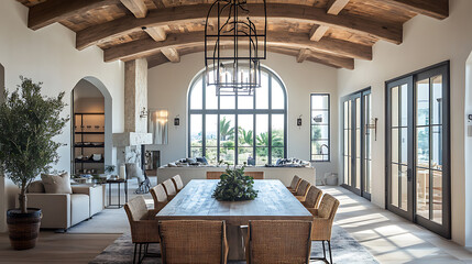 Poster - Coastal, mediterranean home interior design of modern dining room with arched ceiling