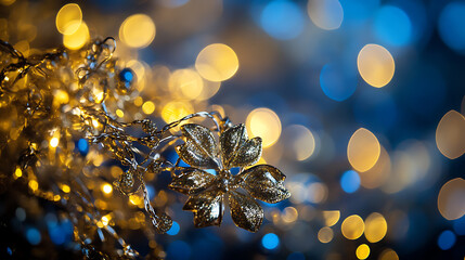 Poster - Panoramic background with blue gold bokeh effect, golden abstract lights on dark holiday illumination and decoration concept