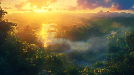 Aufkleber - Panoramic aerial view of a jungle landscape at sunrise