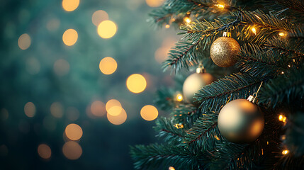 Poster - Panoramic background with green gold bokeh effect, golden abstract lights on dark holiday illumination and decoration concept