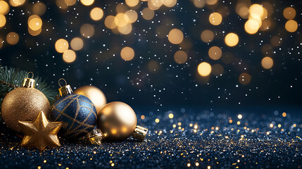 Poster - Panoramic background with navy gold bokeh effect, golden abstract lights on dark holiday illumination and decoration concept