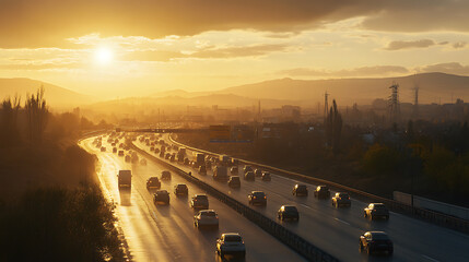 Aufkleber - Panoramic view of a busy highway in the morning