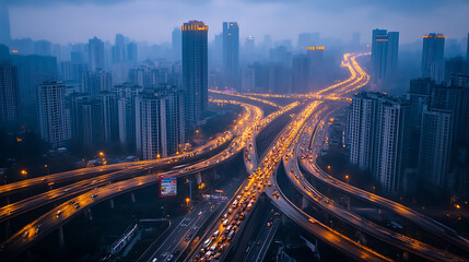 Aufkleber - Panoramic view of a busy highway in the morning