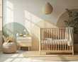 © lina - sunlit nursery featuring a light wood crib and soft beige rug.