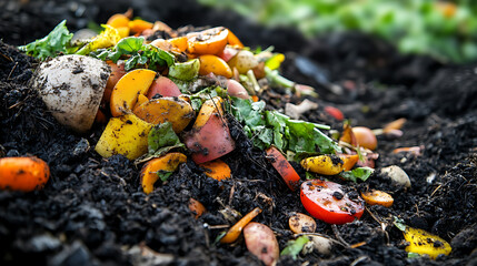 Poster - Compost and composted soil in the form of a compost heap from rotting kitchen scraps with fruit and vegetable scraps processed into organic soil for fertilizer as a composite