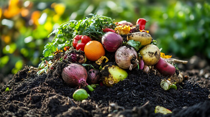 Poster - Compost and composted soil in the form of a compost heap from rotting kitchen scraps with fruit and vegetable scraps processed into organic soil for fertilizer as a composite