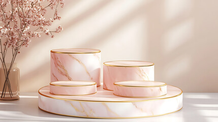 Poster - Abstract cylinder pedestal podium display, pink and white marble with gold details, product presentation, mock up, show natural cosmetic product