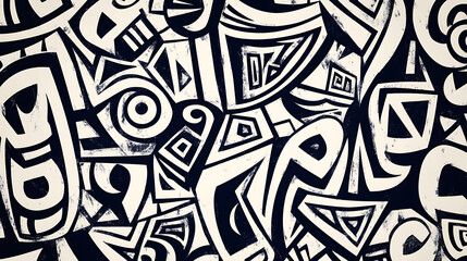 Poster - Pattern with digital ink drawings design incorporates black and white, creating an abstract tribal print reminiscent of ancient symbols