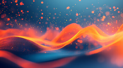 Fototapete - Abstract digital art of glowing, undulating waves with orange bokeh effects on a blue and red gradient background