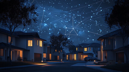 Poster - Connected houses, digital community and smart homes, houses at night with data transactions