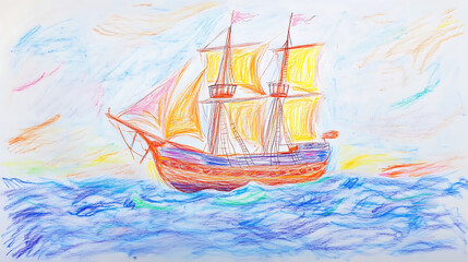  Pirate ship sailing the high seas in search of treasure 4 year old's simple scribble colorful juvenile crayon outline drawing
