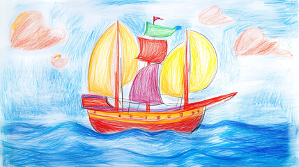 Aufkleber - Pirate ship sailing the high seas in search of treasure 4 year old's simple scribble colorful juvenile crayon outline drawing