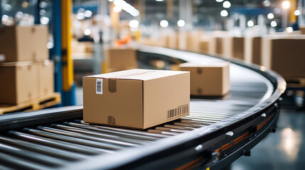 Poster - Conveyor with boxes for delivery in automated warehouse, cardboard parcels on production line, distribution center with boxes