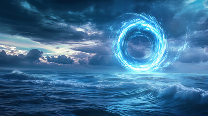 Poster - Portal from another dimension against the background of the sea, neon space galaxy portal