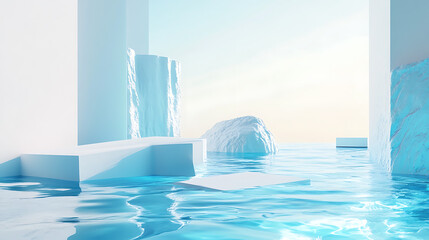 Poster - Product background, c4d, water surface, blue and white, minimalist