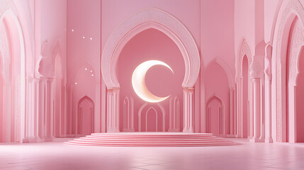 Poster - Ramadan kareem banner design with 3d render of golden crescent moon on sand dune
