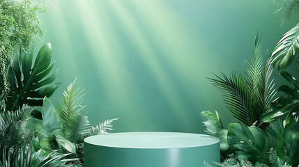 Aufkleber - Abstract green cylinder pedestal podium display against tropical background, product presentation, mock up, show natural cosmetic product
