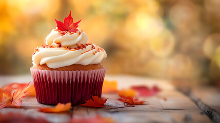 Aufkleber - Cupcake with autumn leaves on wooden table, autumn blurry background