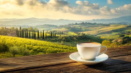 Poster - Cup of coffee or tea on the background of tuscany, italy, based on