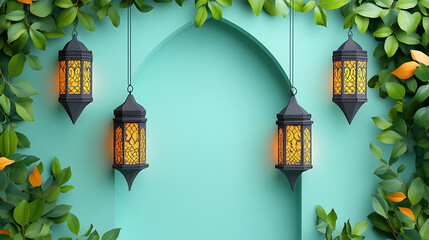 Poster - Ramadan mubarak banner design with origami paper arabic lamps, leaves on arch frame background