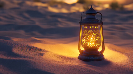 Poster - Ramadan mubarak banner design with realistic illuminated arabic lamp on teal green background