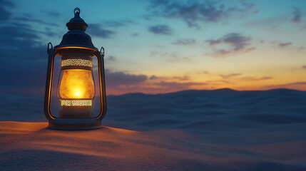 Poster - Ramadan mubarak banner design with realistic illuminated arabic lamp on teal green background