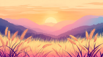 Aufkleber - Realistic illustration of golden wheat field at sunrise for baisakhi celebration