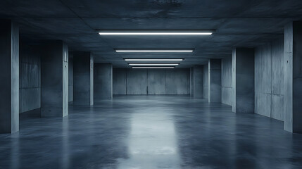 Poster - Dark underground warehouse, empty concrete garage with gray walls