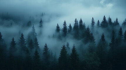 Poster - Dark pine trees in mist