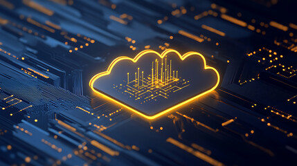 Fototapete - Data storage and cloud computing concept with digital yellow cloud symbol with arrow up and micro circuit inside on dark background, 3d rendering
