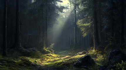 Poster - Deep forest landscape, clearing with a single ray of light, dark trees and stone
