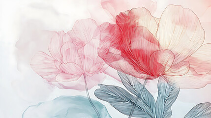 Poster - Abstract peony flower line art background, exotic nature design for cover, wall art, invitation, fabric, poster, canvas print in watercolor style