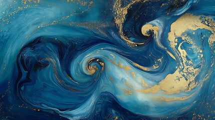 Poster - Deep ocean swirls blue print with iridescent gold iridescent swirls background